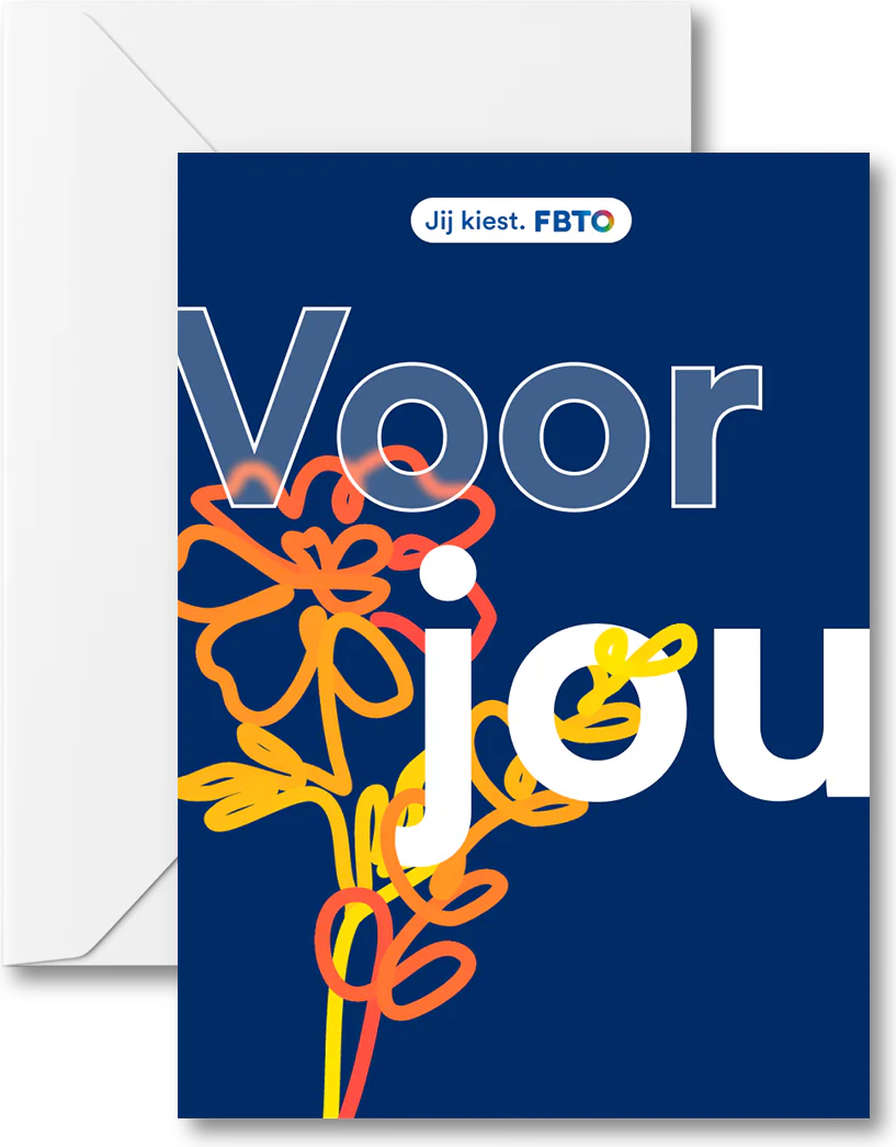 Wenskaart met de tekst ‘Voor jou’ en getekende bloemen, voor een witte envelop